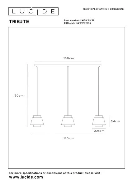 Lucide TRIBUTE - Hanglamp - 3xE27 - Beige - technisch